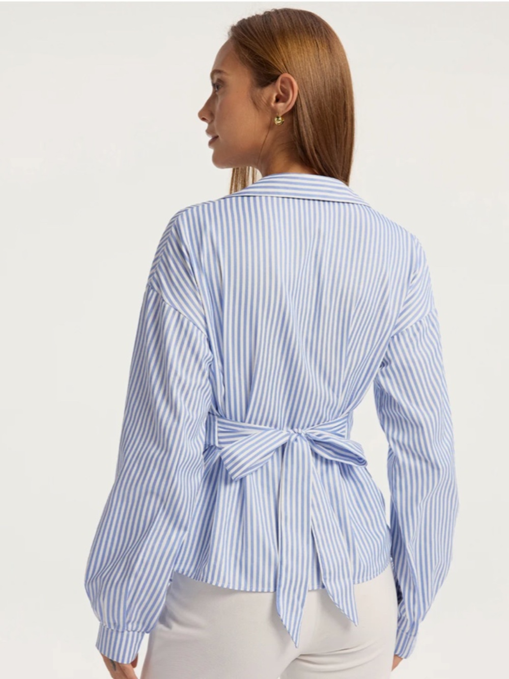 NEW Commense Striped Blue & White Blouse wrap look w/ bow tie back Medium - Picture 3 of 9